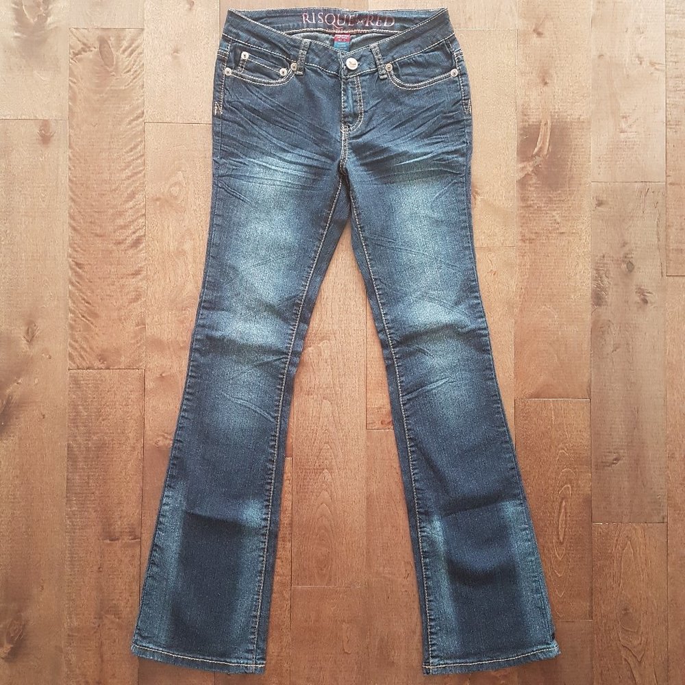 Risque Dark Blue Medium Wash Flare Denim Jean, 7/8